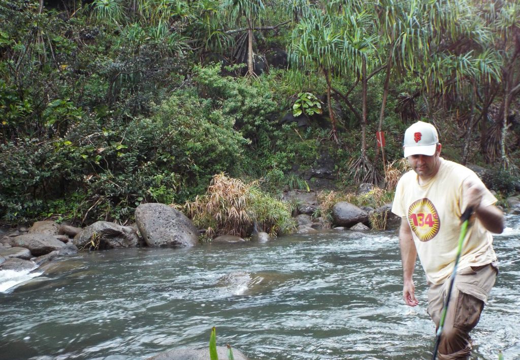 I crossed the stream right at the path and the water was just above my knees.  Any higher, and I would not have been able to cross until later: