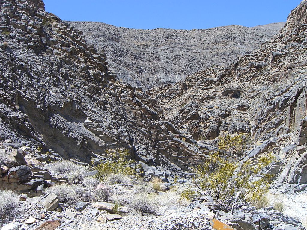 Off in the distance, high cliffs can be seen towering above the canyon: