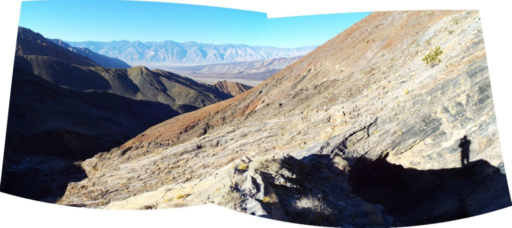 Panoramic of Grand View Arch and the grand view of Saline Valley in the distance: