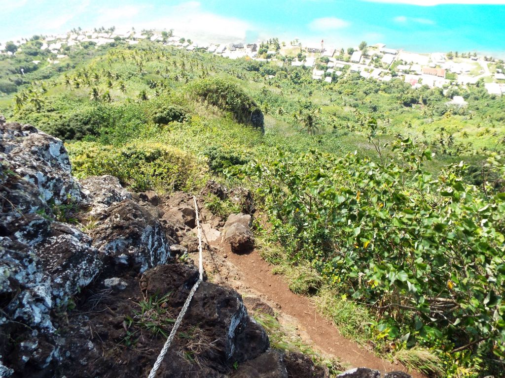 Notice how the rope drops down from the base of the outcropping.  This is definitely a steep and challenging area: