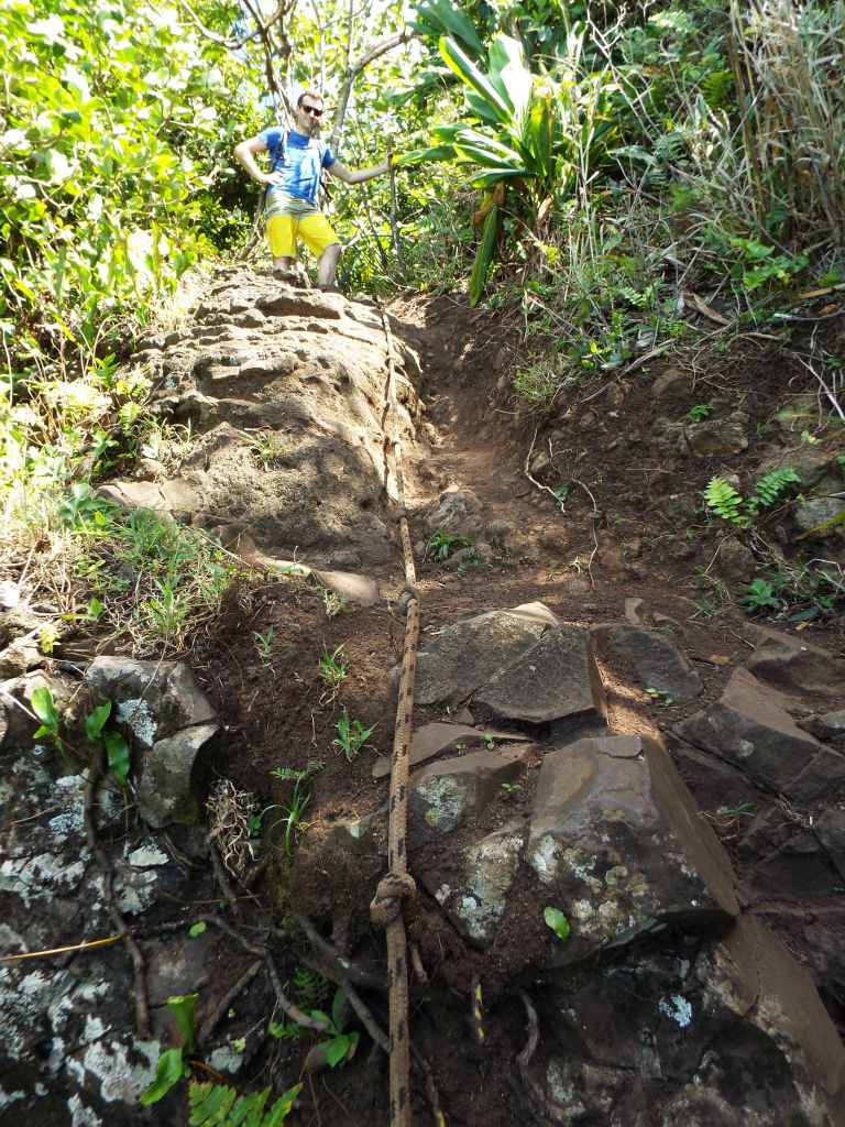 The next three pictures show rope climbs that are mandatory in order to progress from the base of the largest rock outcropping to the top of it: