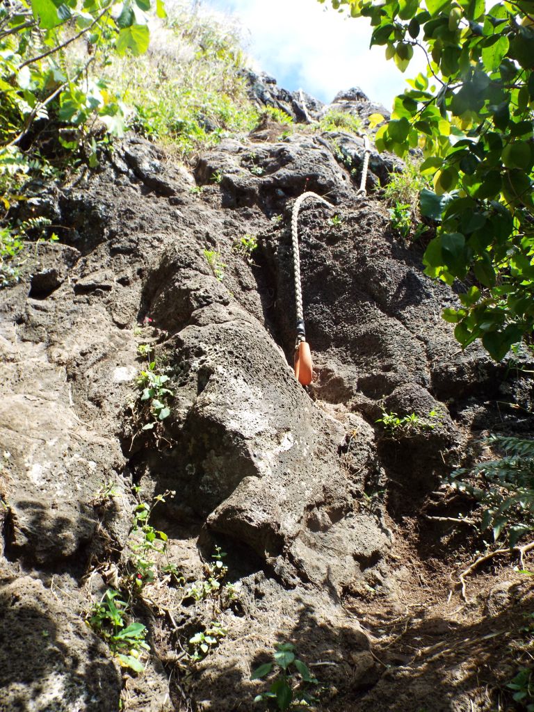 The final path to the summit would not be complete without another rope climb up steep rocks, seen in the next two pictures: