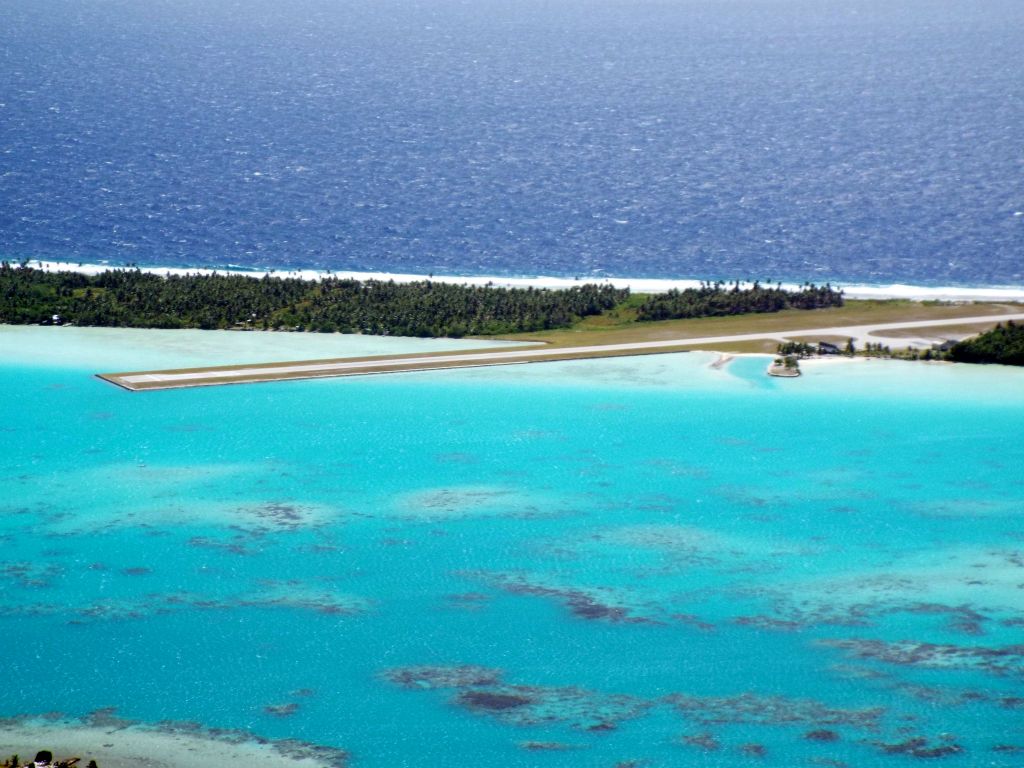 Zooming in for a perfect view of the airport landing strip located on Motu Tuanai: