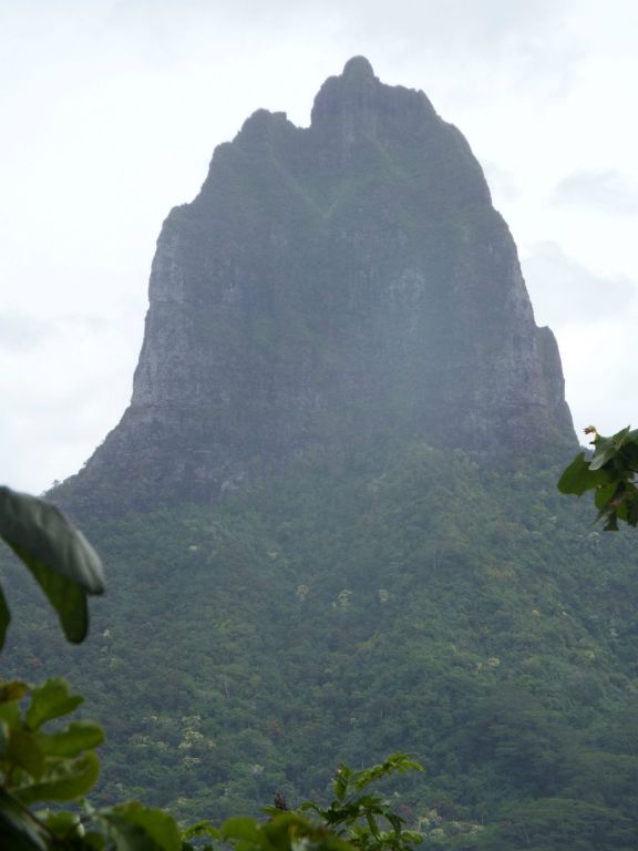 Mount Mouaroa pictured with the green landscape of a heavily forested slope below it: