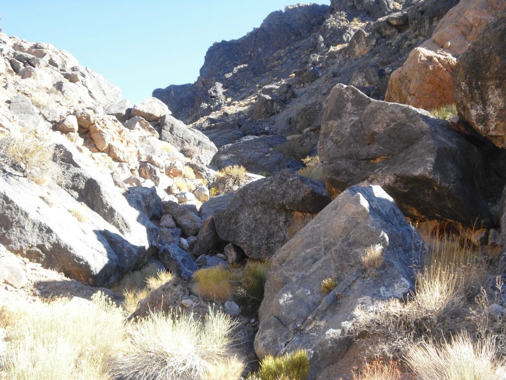 Massive boulders have rolled down the hillside and reached the wash through here: