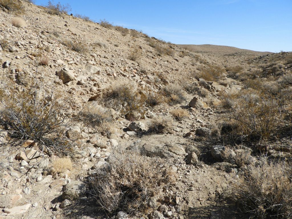 For the first half of this hike, we traded off hiking in small washes with hiking along hillsides and areas of flat terrain above:
