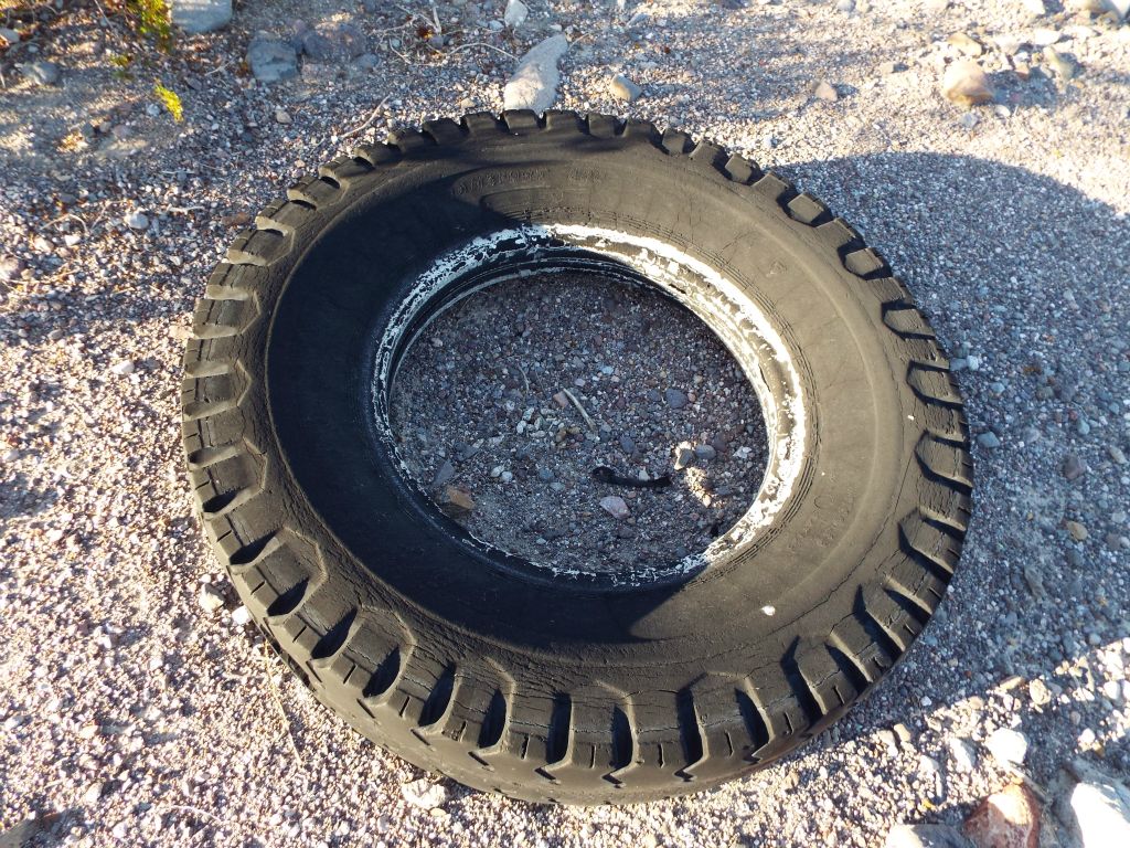 An old tire which has become halfway buried in the wash over the decades: