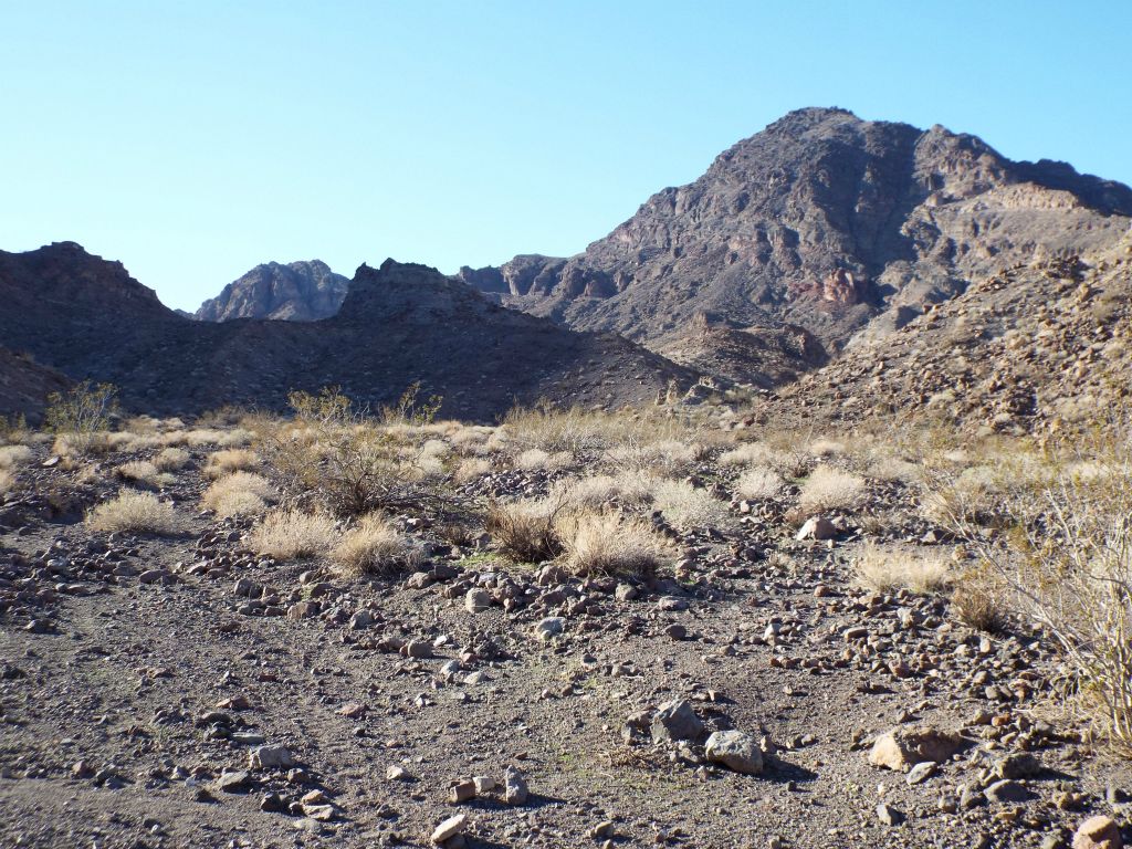 After 2 miles (3 miles overall), here we have turned to the left off into Lost Spring Canyon's 1st side canyon (or 1SC).  This is the beginning of my newly created Front Face Route to Sugarloaf Peak: