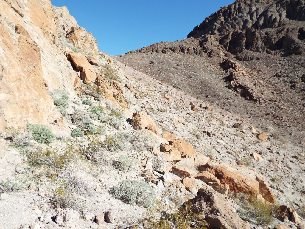 Looking back at the pass after we had followed burro trails down and cut over to the right to follow our route: