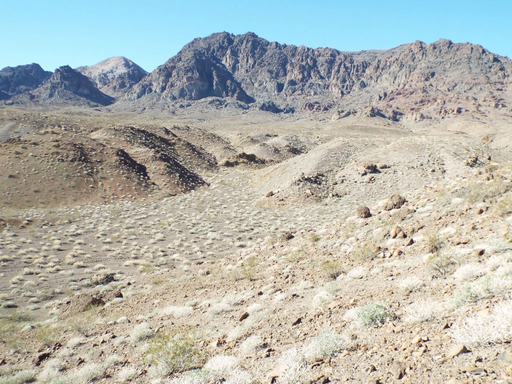 This regular view shows what kind of terrain we were up against on the Front Face Route.  We needed to find our way into the rocky gorge entrance seen at the back left: