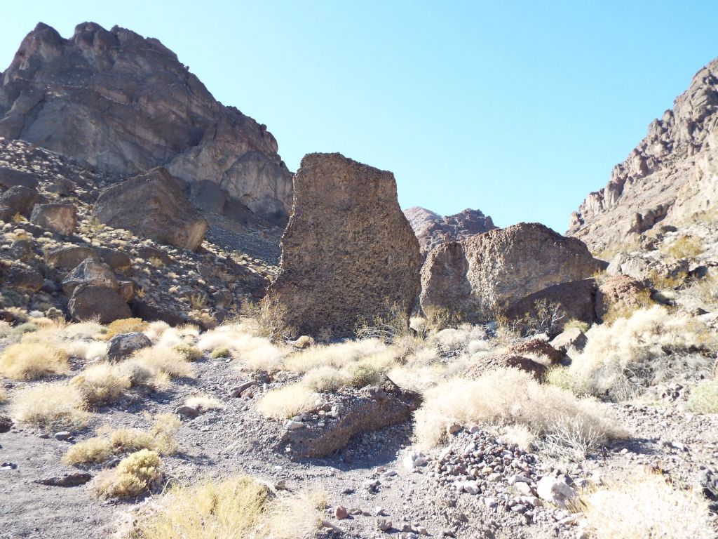 There were more massive boulders in the wash up ahead of us: