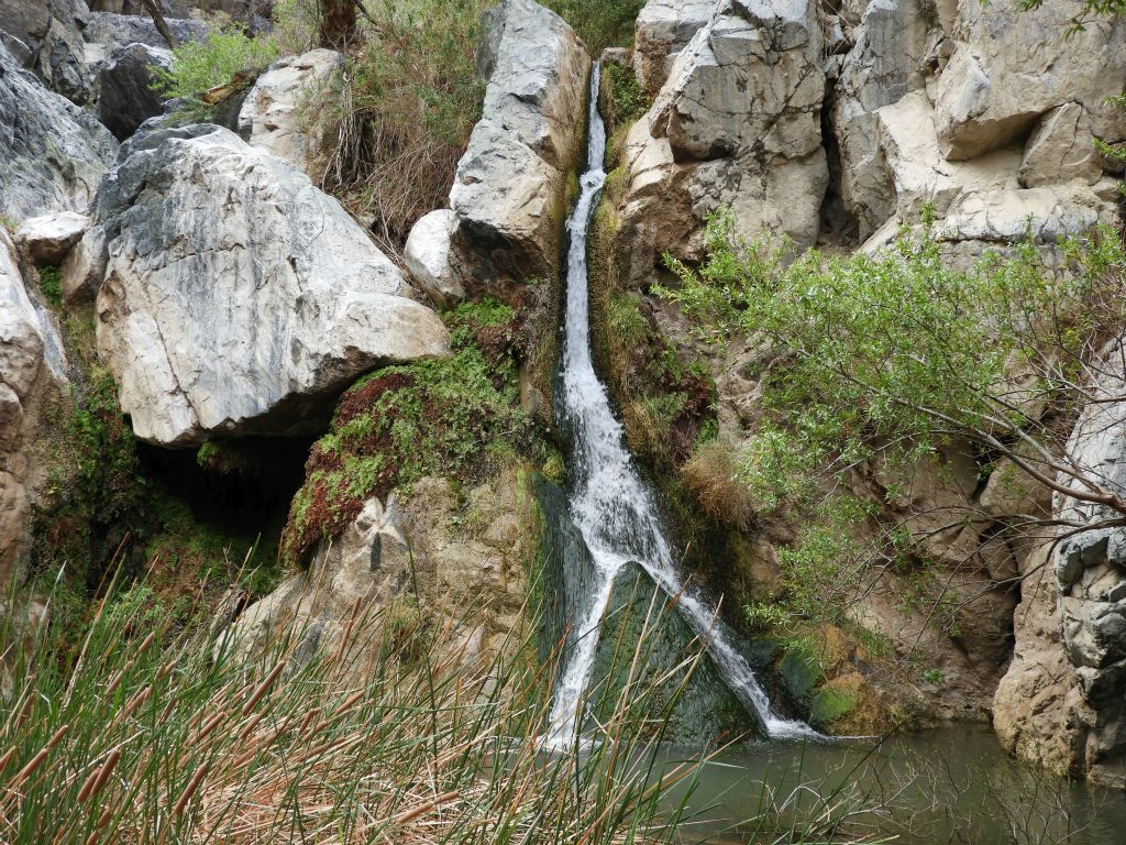 A closer view showing how the narrow stream of water flows down and splits in two near the bottom: