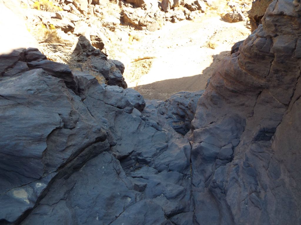 This was the first of several more challenging dry falls in Lee Wash.  After edging forward carefully, we found a route to safely climb down.  But we were definitely very cautious and some may prefer to look for an easier bypass: