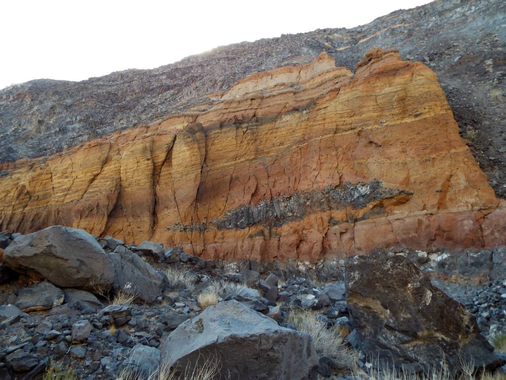 Notice the sheer height of this colorful wall rising above the wash: