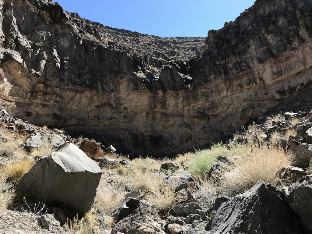 This giant amphitheater of rock marks the end of the passable canyon, about 1.8 miles from the mouth: