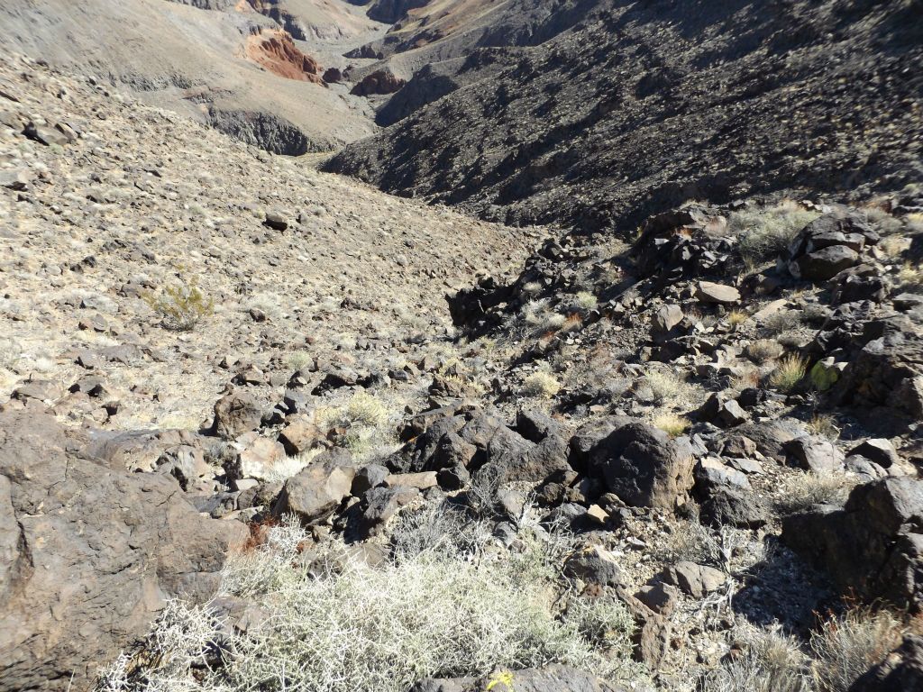 You can't enter the gully at the top because of a major dry fall.  Instead, it is necessary to take this slope down on the left side: