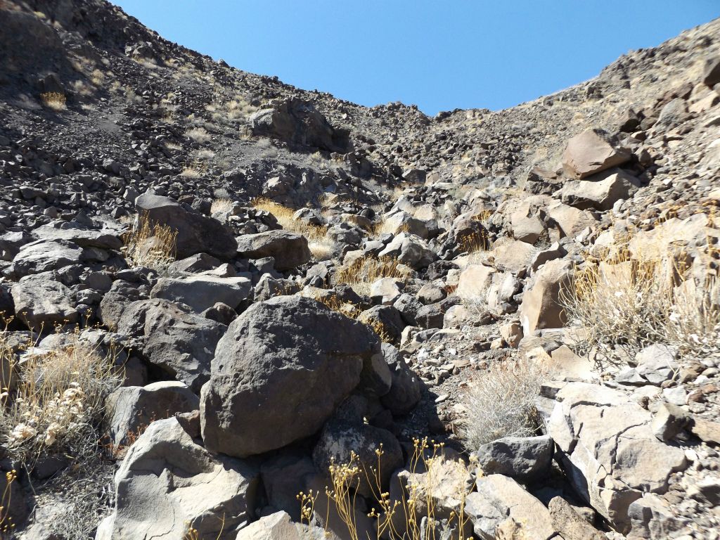 Looking back up the gully, notice how the terrain is rough going: