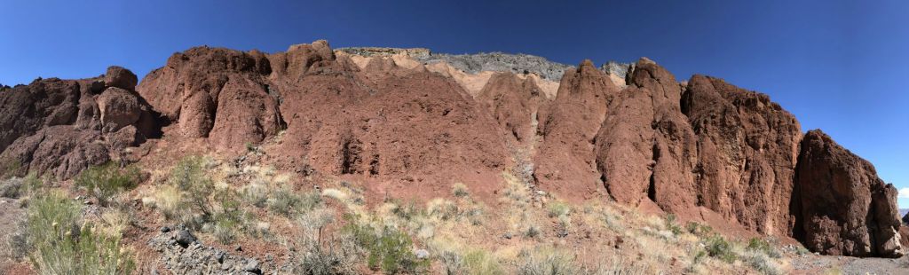 Panoramic of the unique colorful formations found near the mouth of the canyon: