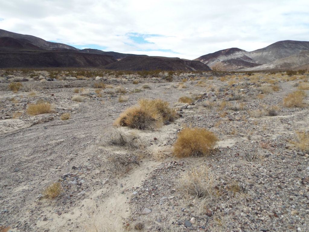 This picture shows the entrance to both forks of Tafoni Canyon.  The South Fork is located on the left side in between the two dark hillsides.  The North Fork is located just to the right of the dark hillside in the middle of the picture, where it meets up with the light hillside: