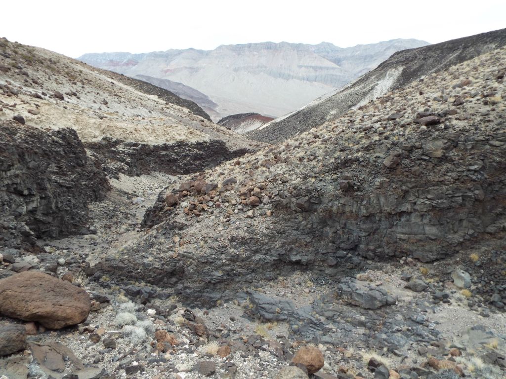 At this spot, we climbed out of the canyon and began attaining the ridge.  This shows the view looking back down into the wash where we climbed out: