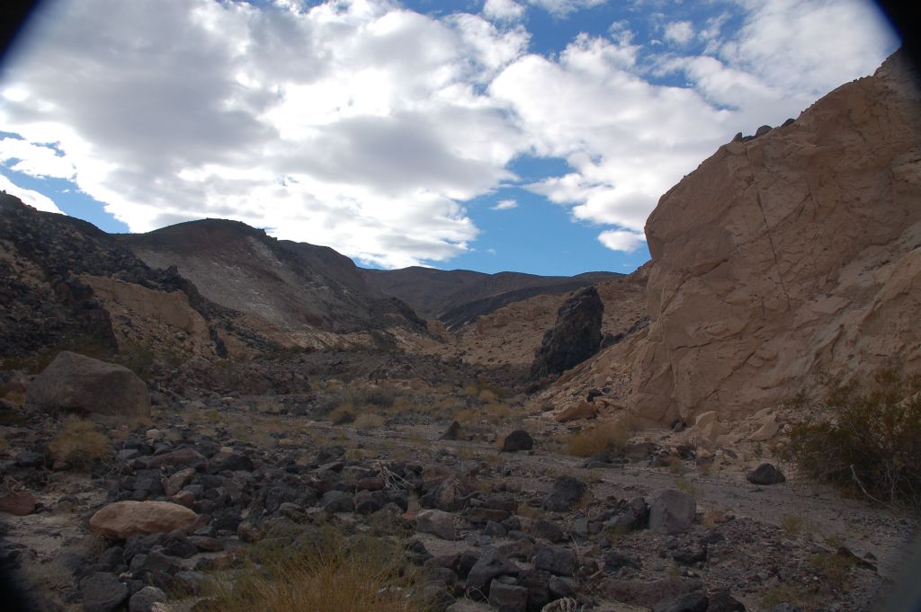 The dark pinnacle-like boulder seen on the right side of the picture marks the first junction in the South Fork: