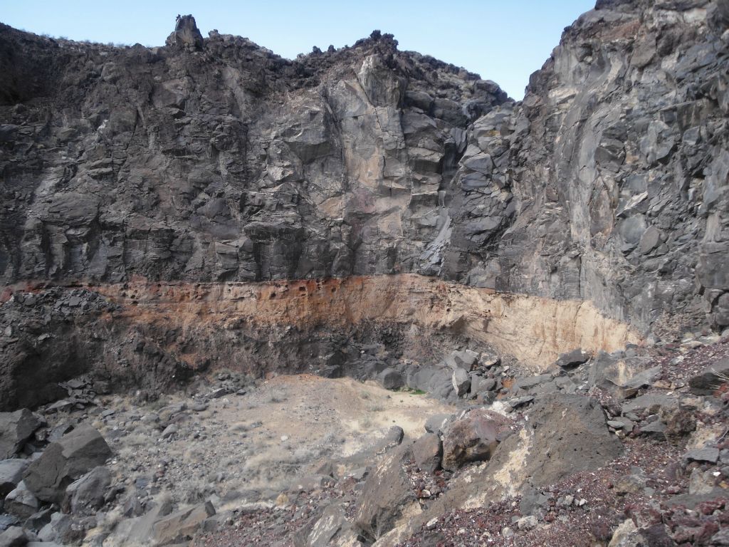 View from the bypass route of the 1st major dry fall, surrounding walls, and large colorful band: