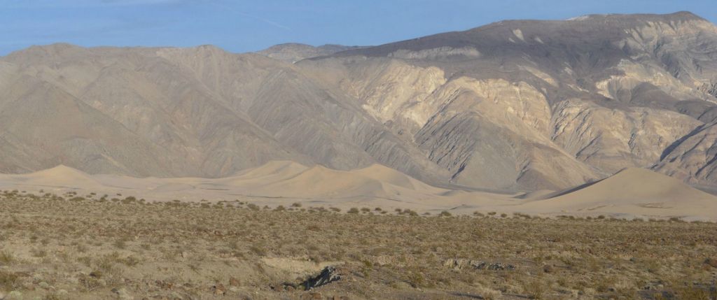 A panoramic taken while making my return trip to the Panamint Dunes on March 12, 2010.  On this hike, we were heading towards the Panamint Dunes after exiting the mouth of Mill Canyon.  This was a much different approach, as now I was hiking towards the dunes from the west instead of from the south:
