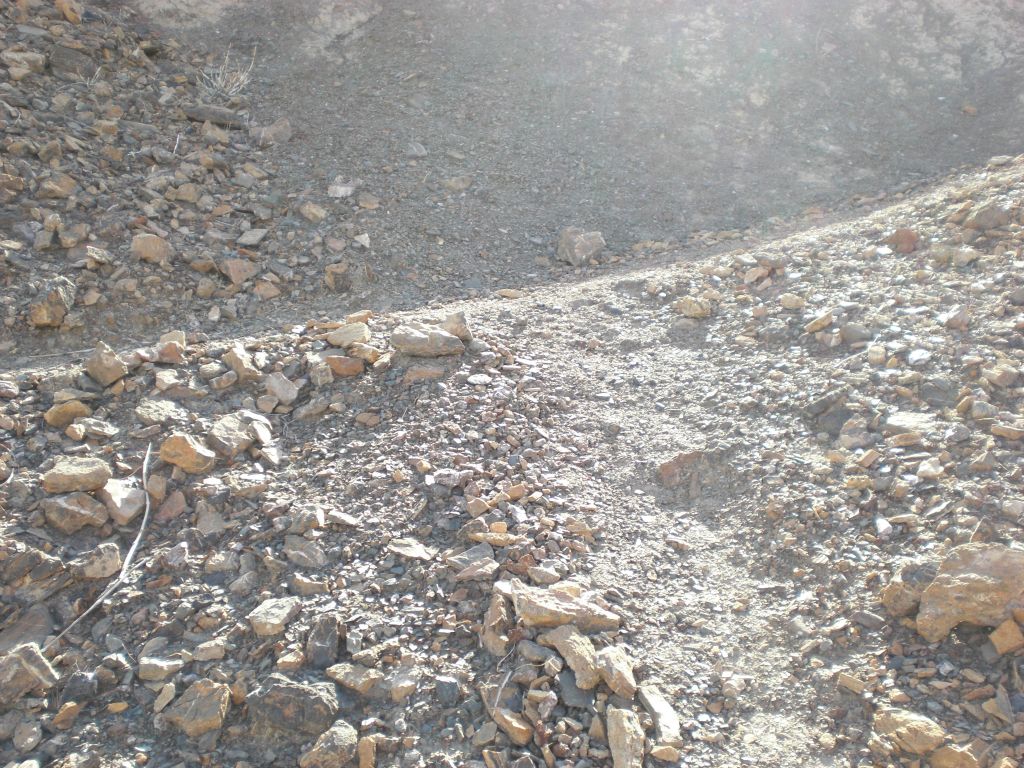In this picture, the bypass trail from the bottom of the canyon reaches a junction.  To the left, the trail heads down to the lower part of the canyon.  To the right, the trail heads into Upper Mosaic Canyon, which is covered in a separate report here on the site:
