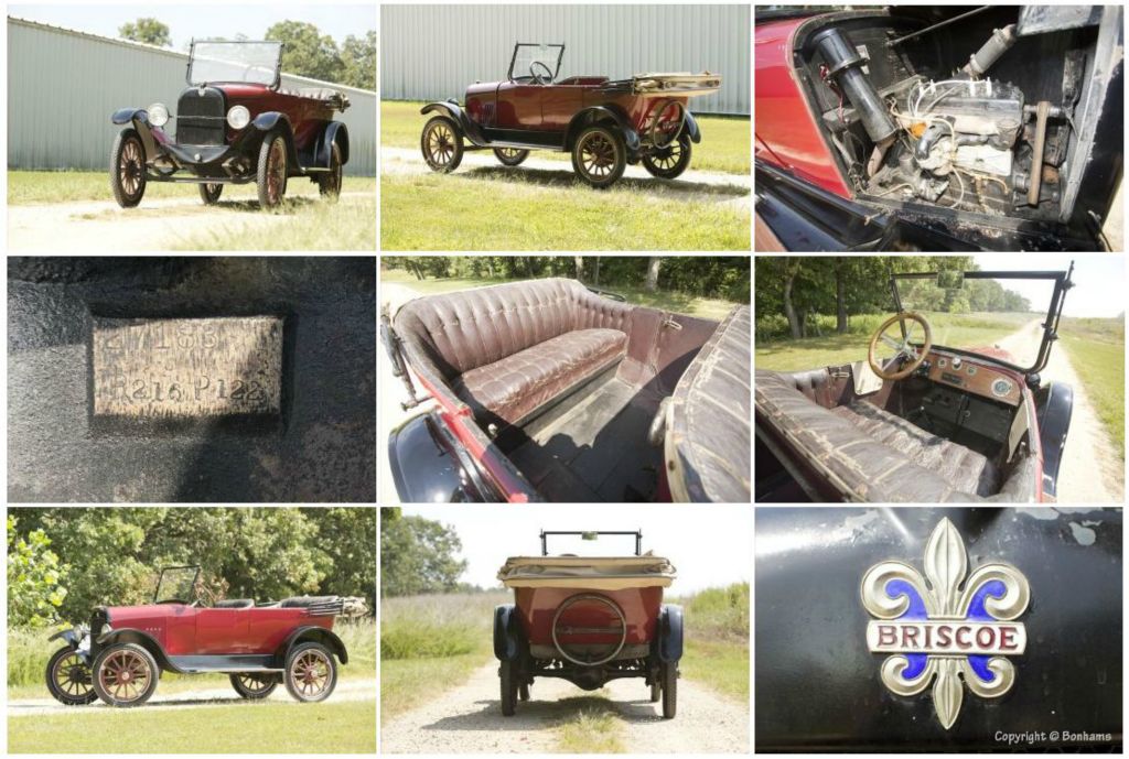 I put together this collage to show you what a 1917 Briscoe Touring Car Model B424 looks like.  The Briscoe shown here was recently sold at auction.  Notice that the ID number of the auction car (27183 / R216 P122) is nearly identical to the Briscoe that I found as shown in an earlier picture (27213 / R212 P122).  Incredibly, only 30 production units separate the auction car and the 1918 Death Valley car!: