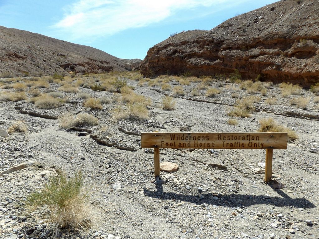 The parking area is located near this Wilderness Restoration sign at the mouth of Telephone Canyon where it joins the canyon containing Tucki Mine Road: