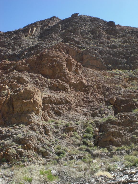 Looking up a nearby hillside at the red and orange colored rocks:
