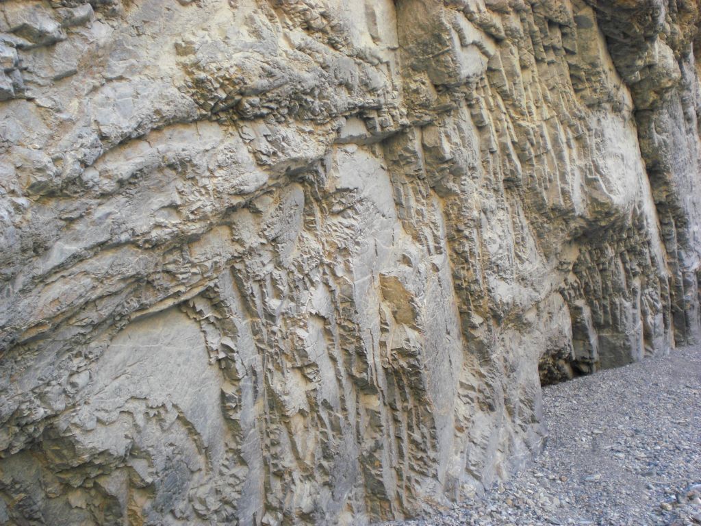 A close-up of the canyon wall revealing a layered texture: