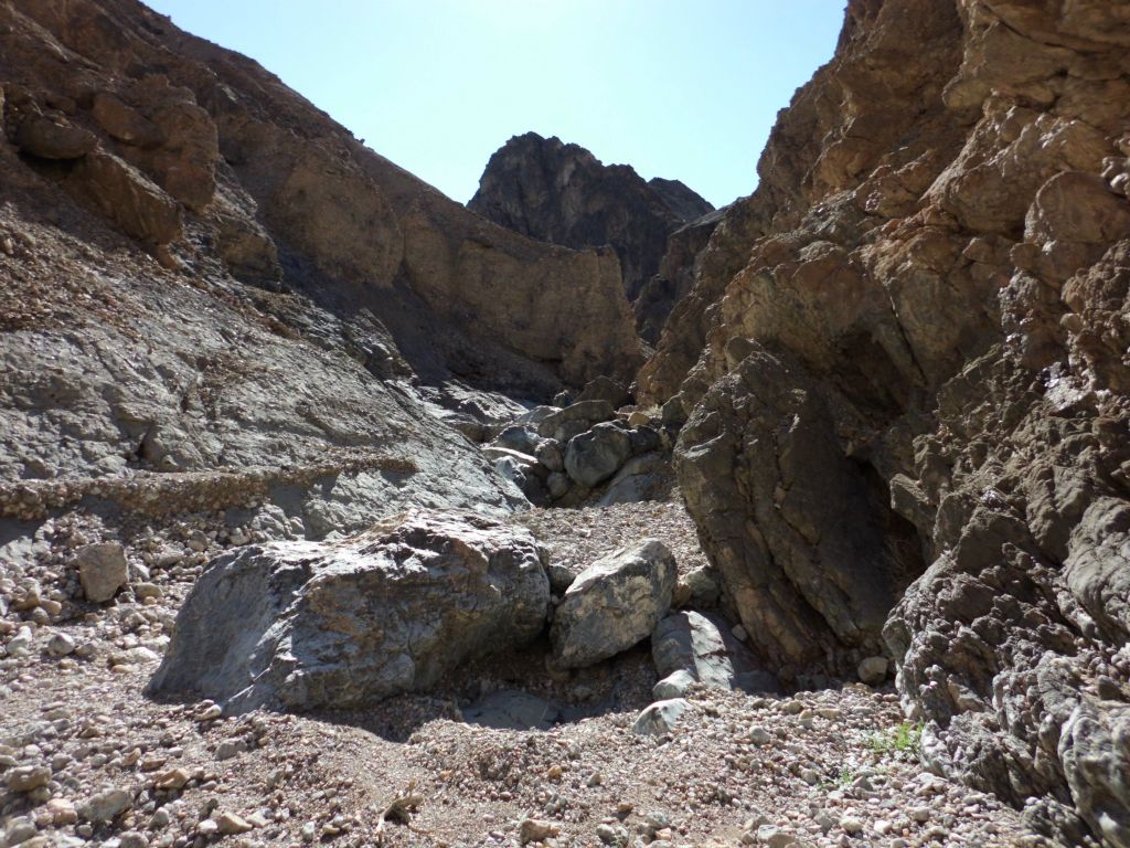 The terrain leveled off slightly as we ran into boulders in the wash:
