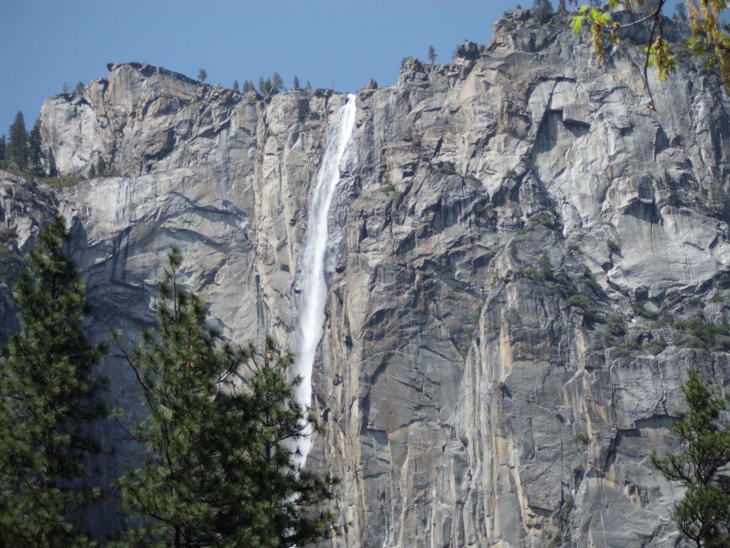 Zooming in on Ribbon Fall while parked on the road across from Bridalveil Fall: