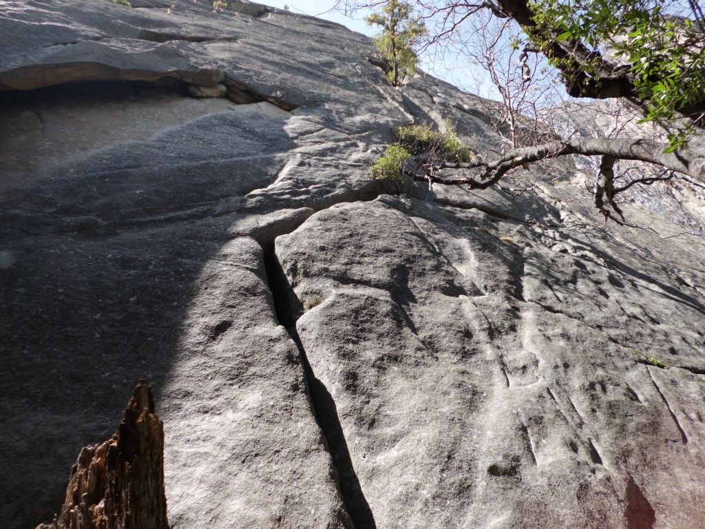 The trail dead ends at this rock wall.  The purpose of the trail is to lead climbers to this location.  But a handful of brave hikers have also been using the trail to access Ribbon Fall: