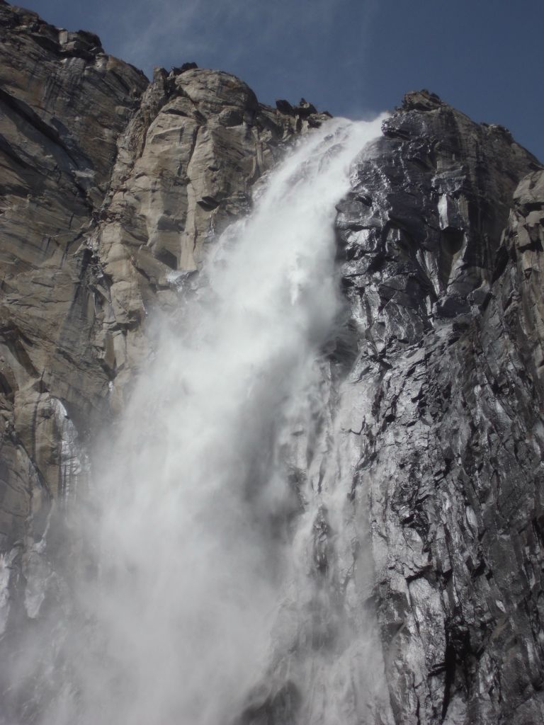 Another angle of Ribbon Fall reveals the mist that is being blown around by the ever-present wind here: